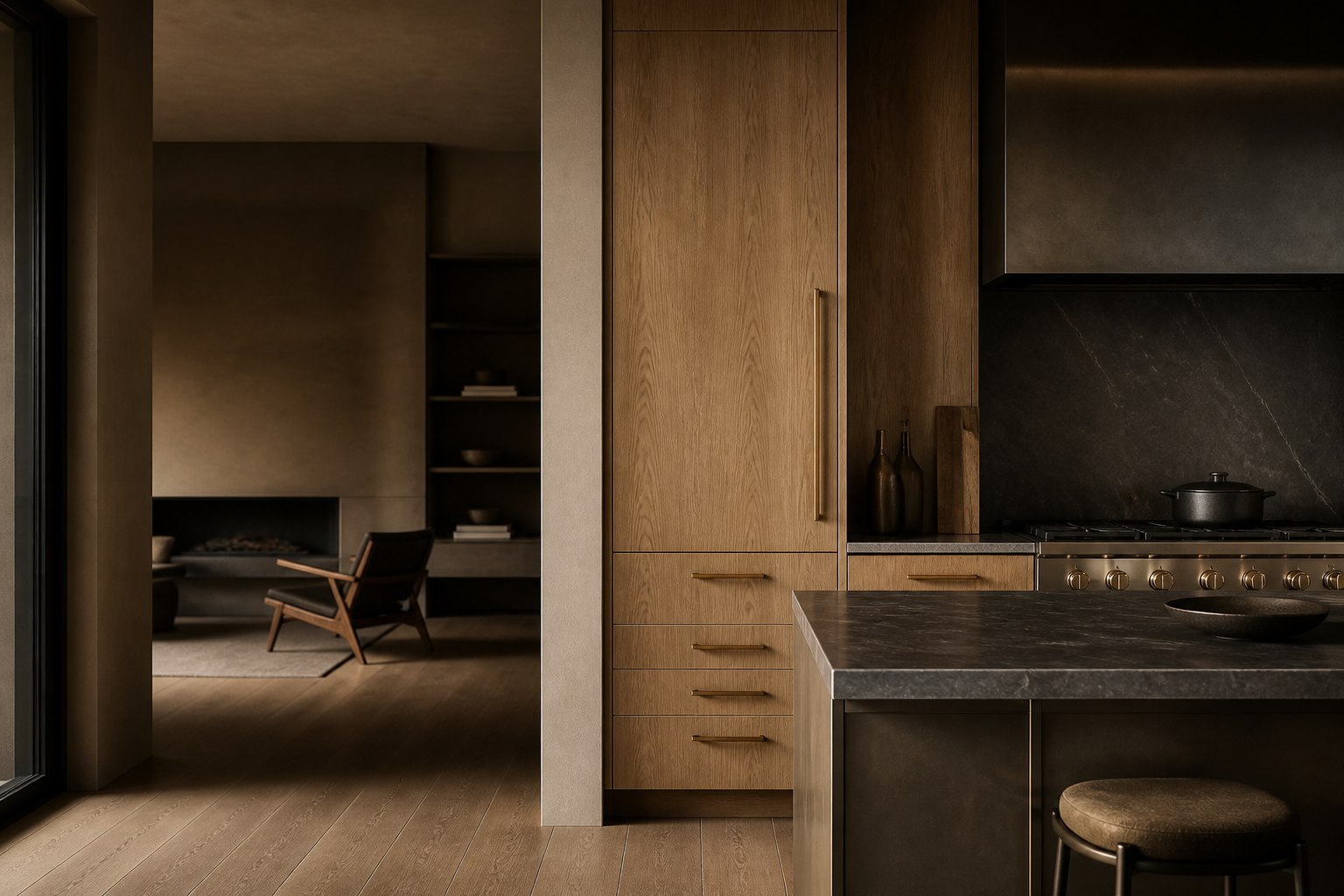 Atmospheric contemporary kitchen interior with oak cabinetry and dark stone