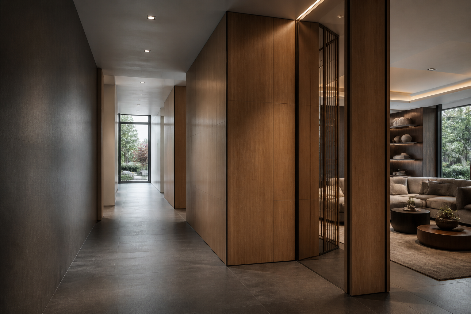 Atmospheric view of a contemporary interior with wood and stone finishes